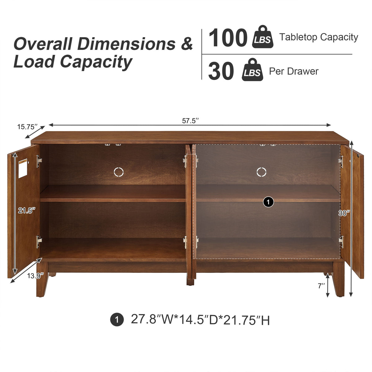 TV Stand & Carved Geometric Doors, Storage Cabinet For Living Room - Walnut