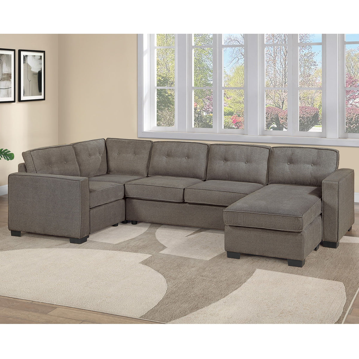 U - Sectional Sofa Upholstered LAF / RAF Chaise With Armless Loveseat And Chairs - Light Brown