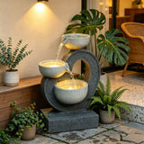 3 Tier Outdoor Water Fountain With Warm LED Lights, Stone Textured Cascading Design For Patio - Gray