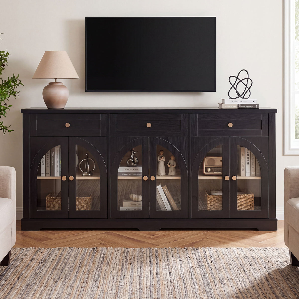 Sideboard Cabinet With 3 Drawers And 6 Arched Doors, Accent Storage Cabinet With Adjustable Shelves For Dining Room - Black