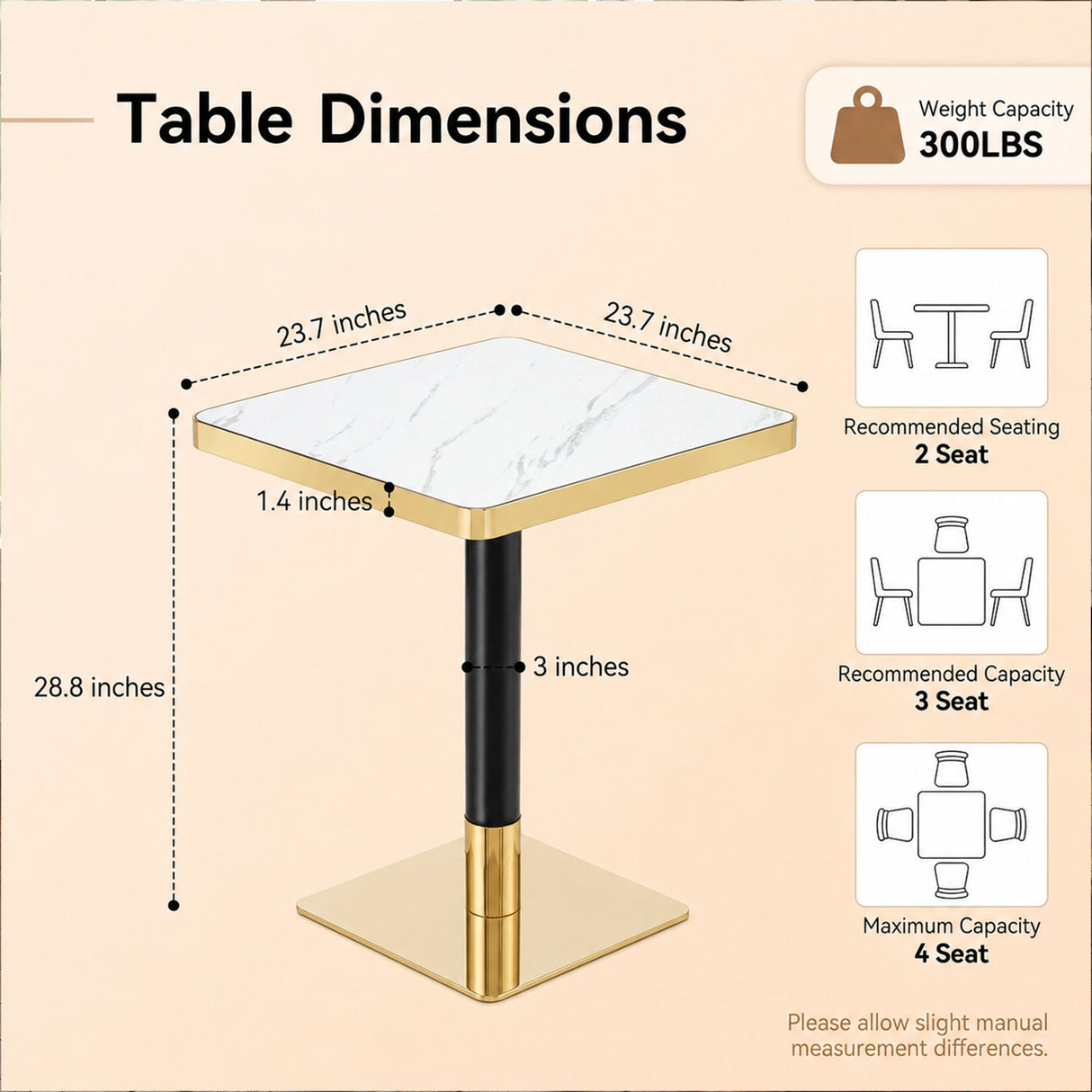 Square Dining Table & Pedestal For Kitchen - Black / Gold / White