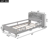 Wood Platform Bed With Built In LED Light, Storage Headboard And Guardrail