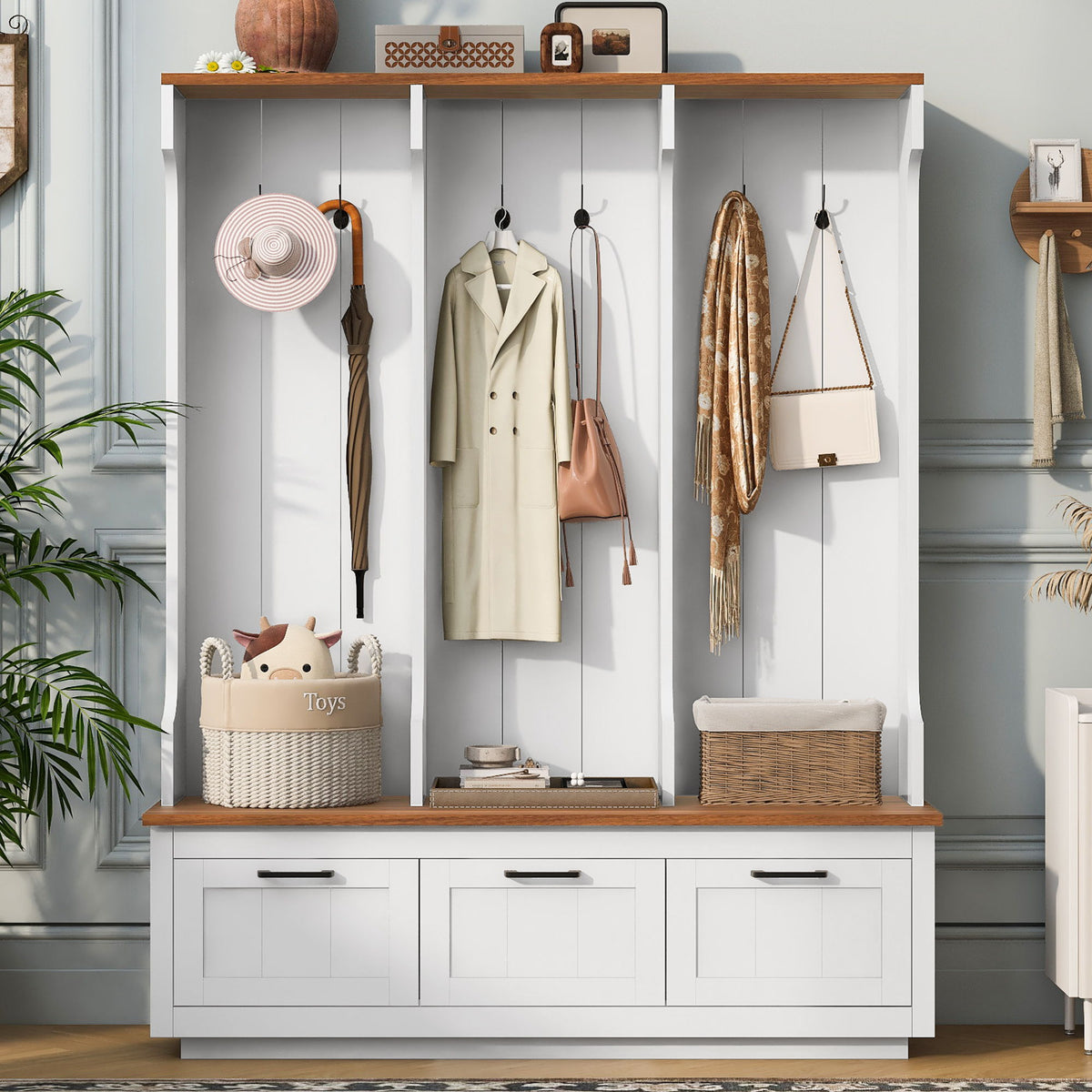 Hall Tree With Bench And Shoe Storage, 3 Large Drawers, Open Storage Shelves & Hooks