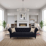 3 Seater Button Tufted Sofa With Rolled Arms, Living Room Couch With 2 Pillows - Black
