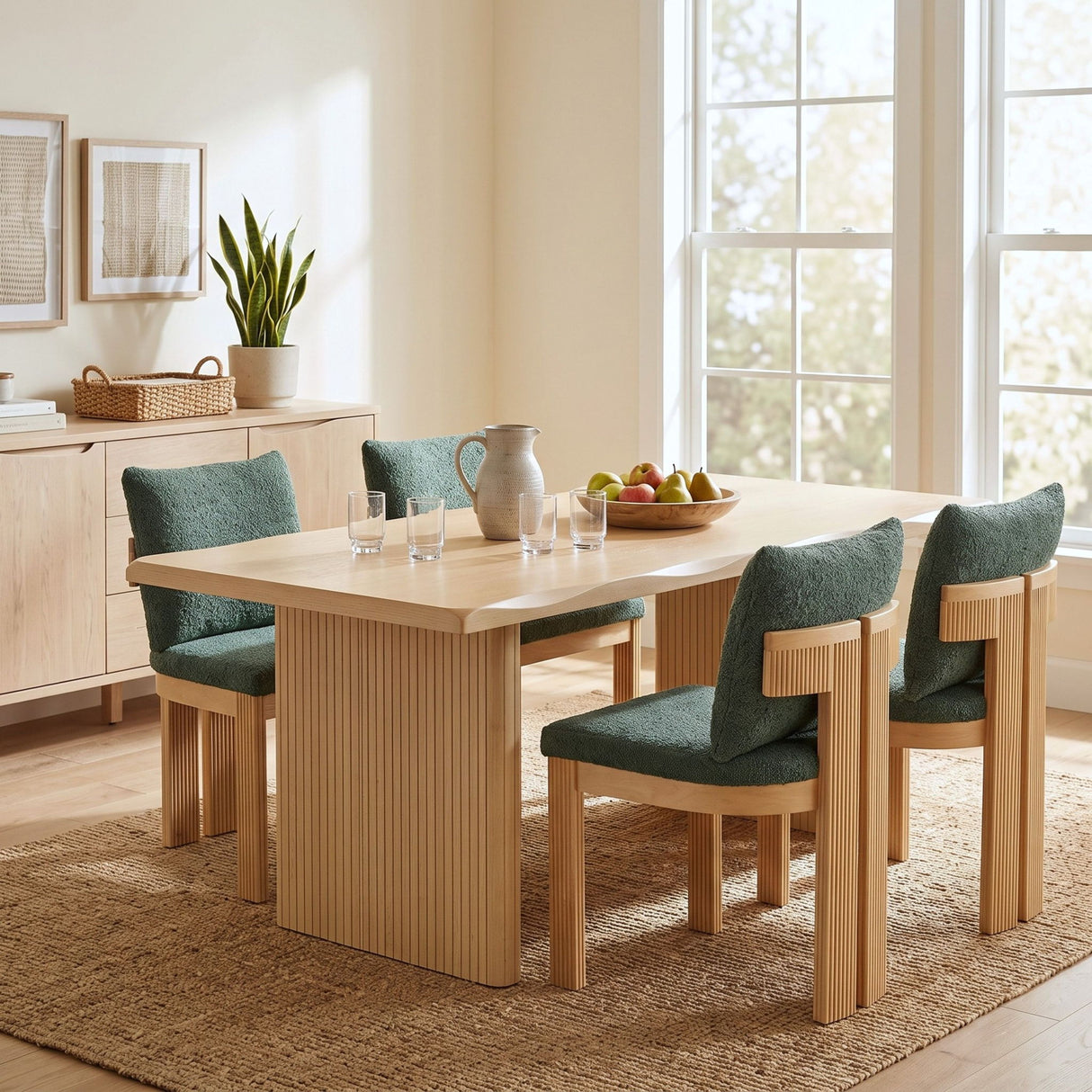 5 Piece Indoor Dining Set With Fluted Table Upholstered Chairs - Green / Natural