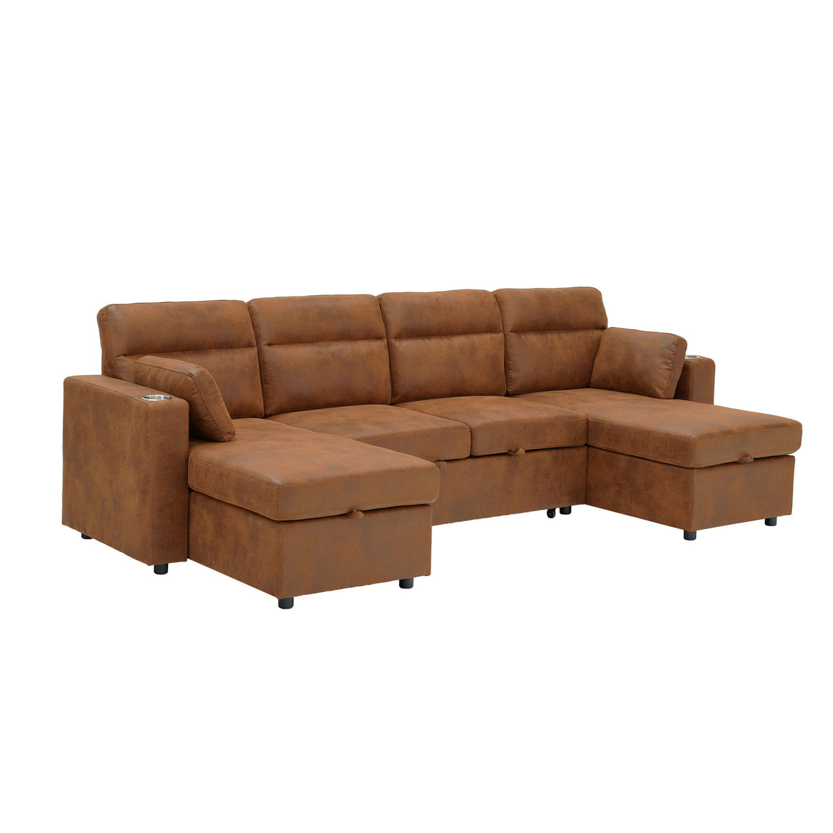 Convertible Sectional Sofa With Storage Chaise, Cup Holders And Pull Out Sleeper