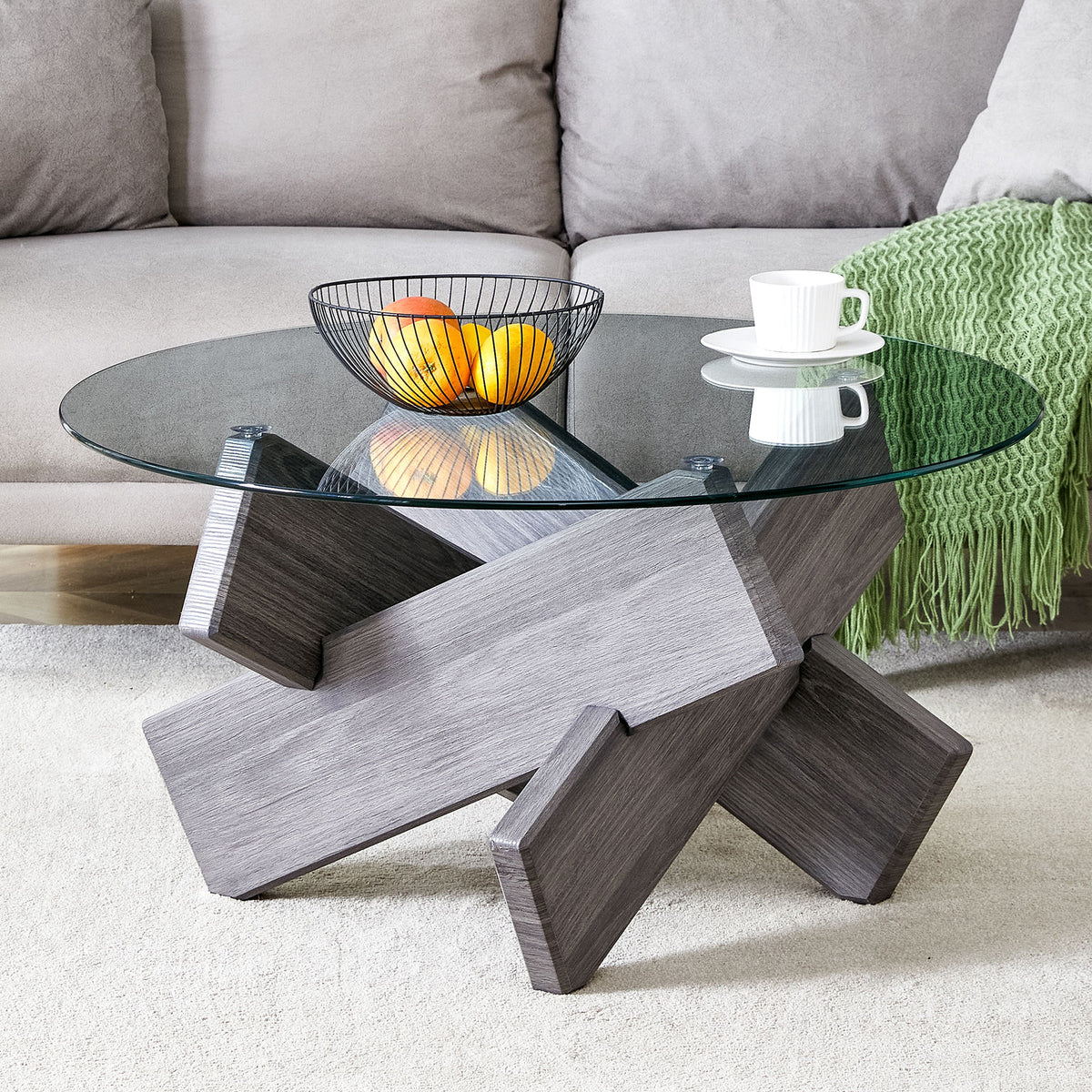 Modern Round Glass Coffee Table With Tempered Glass