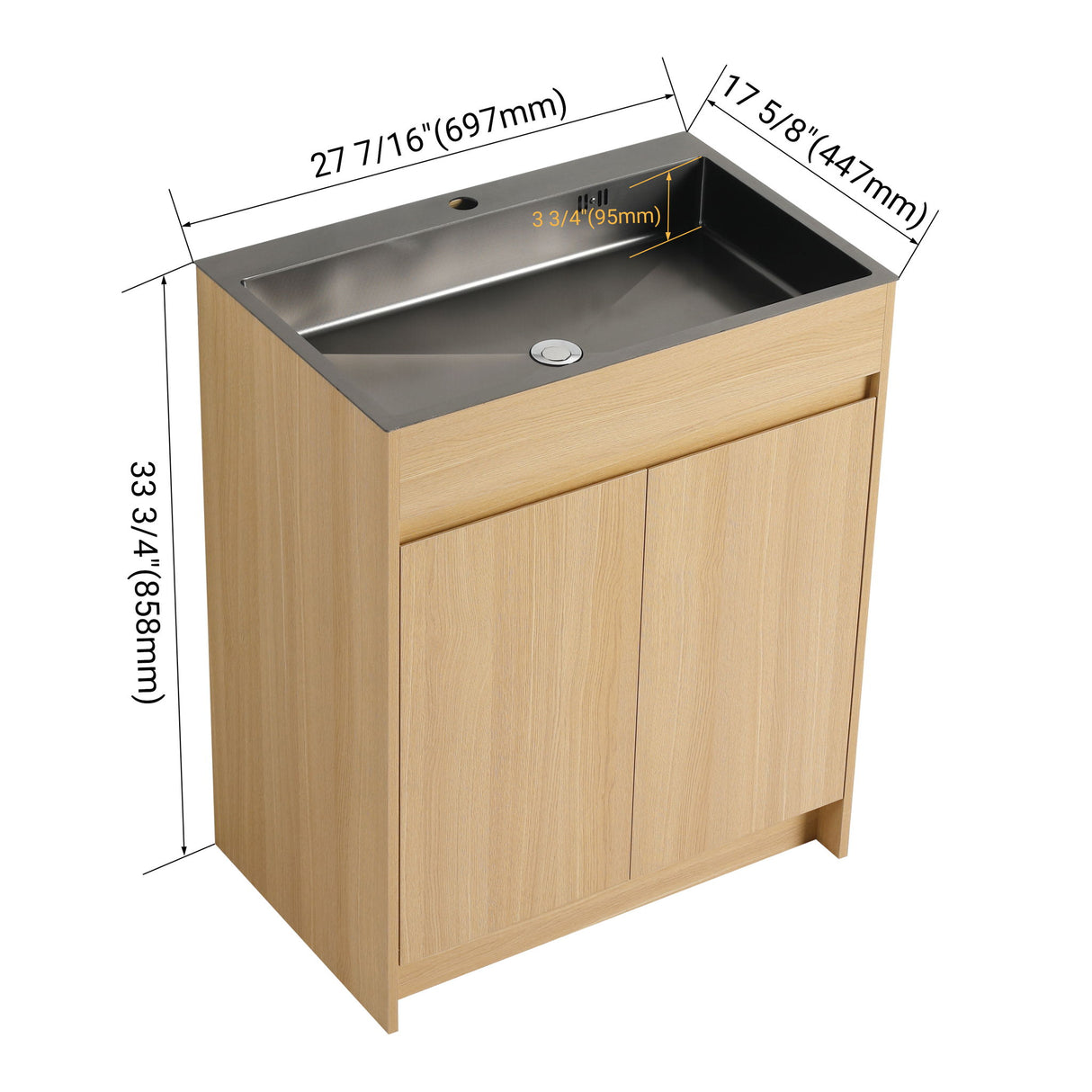 28" Freestanding Bathroom Vanity With Sink, Soft Close Doors - Oak