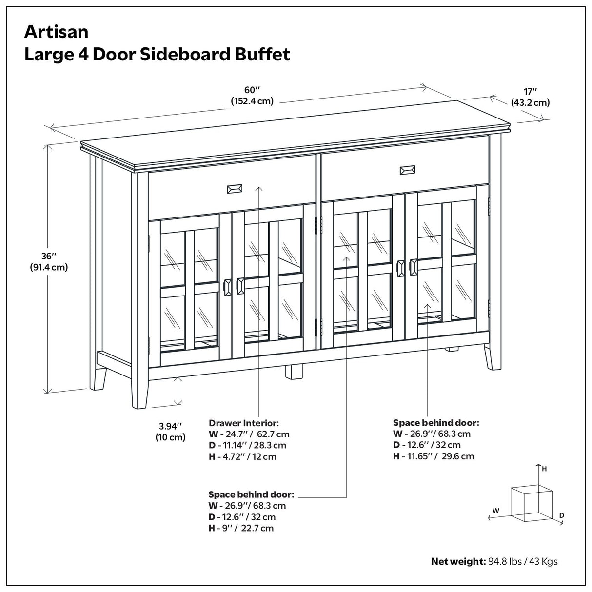 Artisan - Large 4 Door Sideboard Buffet - Brown