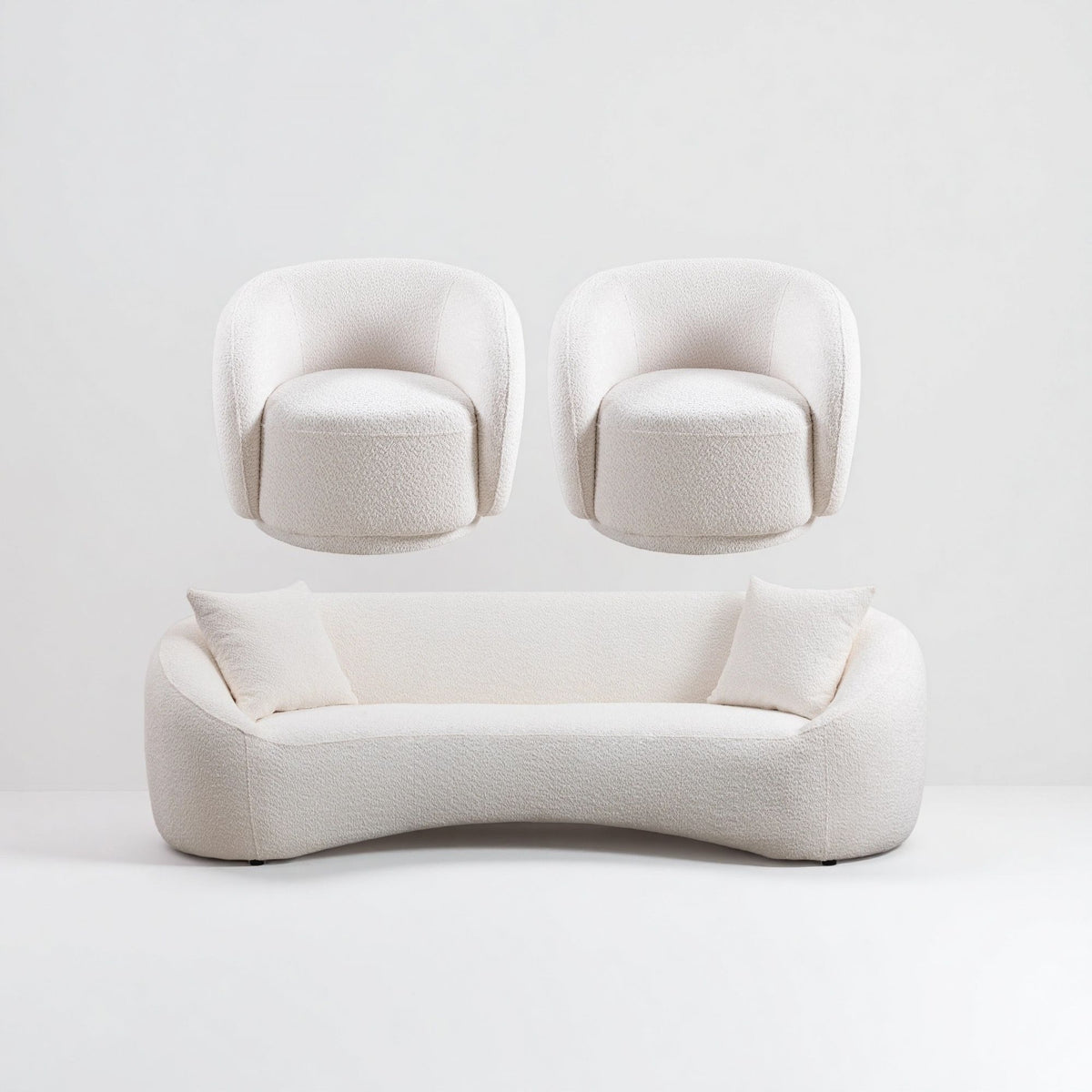 3 Piece Set Curved Sofa, Upholstered 3 Seater With Tight Curved Back For Living Room - White