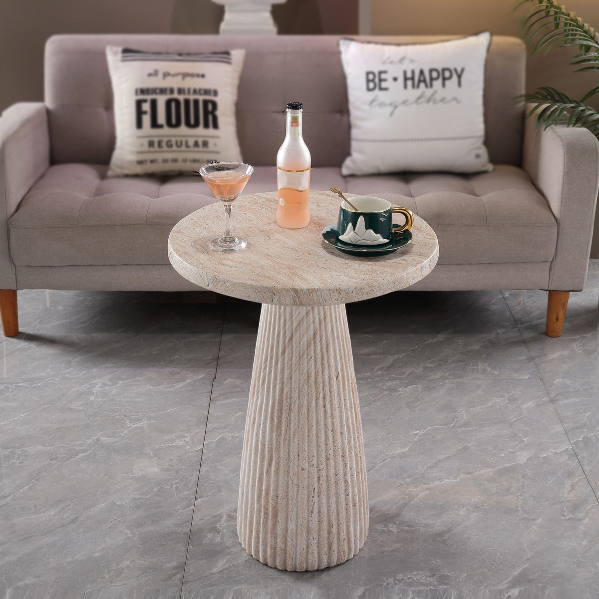 Fluted Pedestal Round Coffee Table - Beige / Yellow