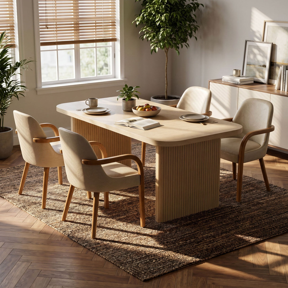 5 Piece Indoor Dining Set With Fluted Table & Chairs - Khaki / Light Oak / Natural