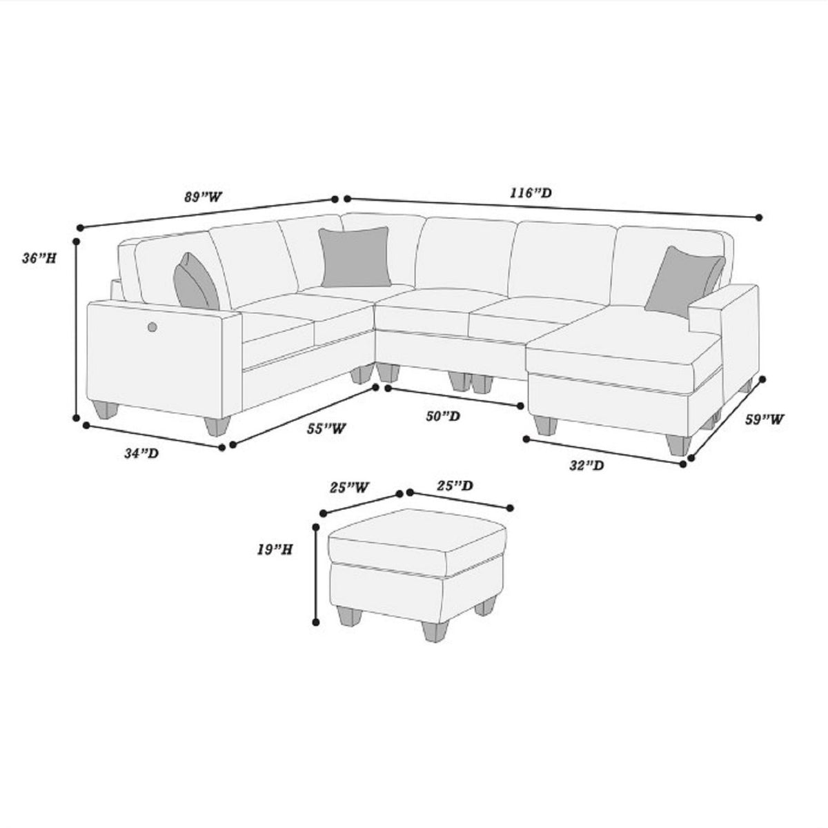 5 Piece Sectional Set With USB Port And Ottoman