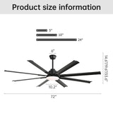 72" Large Design Ceiling Fan With Smart Remote Control, 6 Wind Speed DC Motor For Living Room - Black