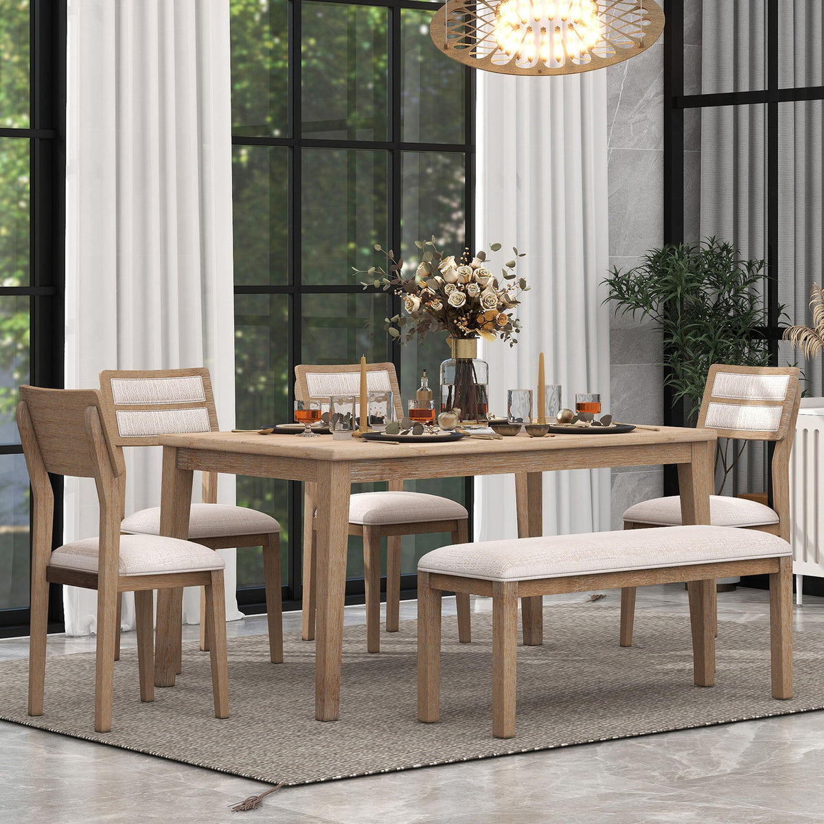 6 Piece Dining Set, Upholstered Chairs And Bench