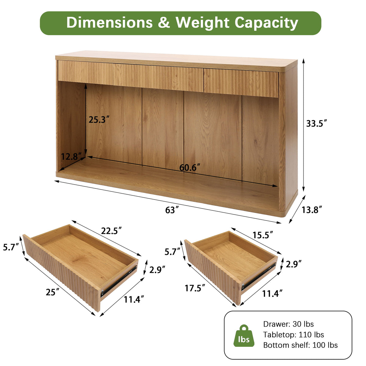 Fluted Console Table With 3 Drawers, Long Sofa Table Behind Couch For Living Room