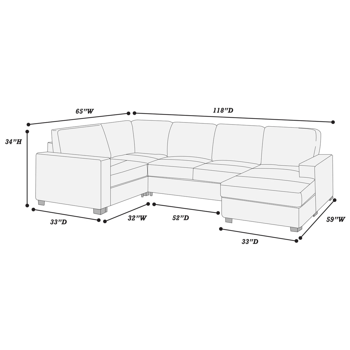 Sectional With RAF Chaise, Armless Loveseat & LAF 1 Arm Chair