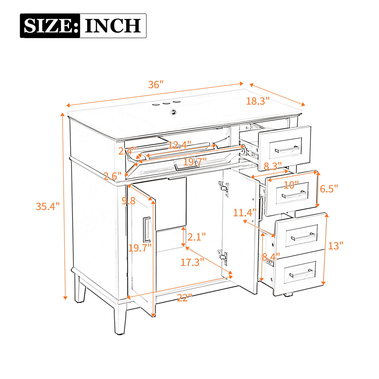 Modern Bathroom Vanity With Sink, Soft Close Doors, 4 Storage Drawers