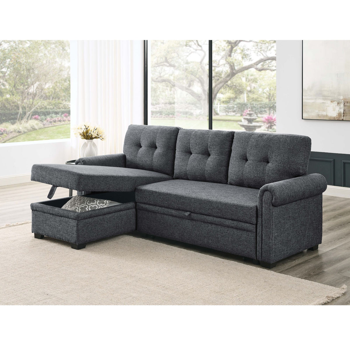 Upholstered Sleeper Sofa With Reversible Storage Chaise - Dark Gray