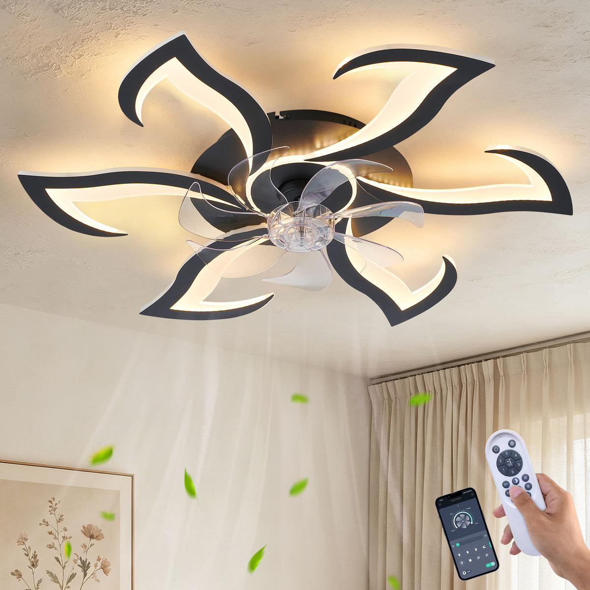 Flower Ceiling Fan With LED Dimmable Light, Flush Mount Ceiling Fan With Remote Control, Low Profile Design, 6 Speeds, Timing Function
