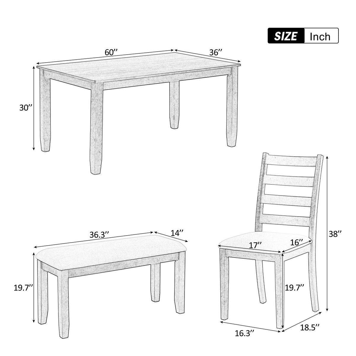6 Piece Dining Set With 4 Upholstered Chairs & Bench - Brown / Whitewash