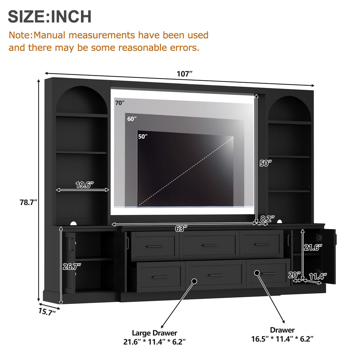 Arched Entertainment Center Wall Unit With 6 Drawers, Large TV Stand With Bookshelves