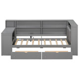 Platform Bed With Upholstered Headboard, Storage Shelves, Drawers, Charging Station, LED Lighting, Built In Desk