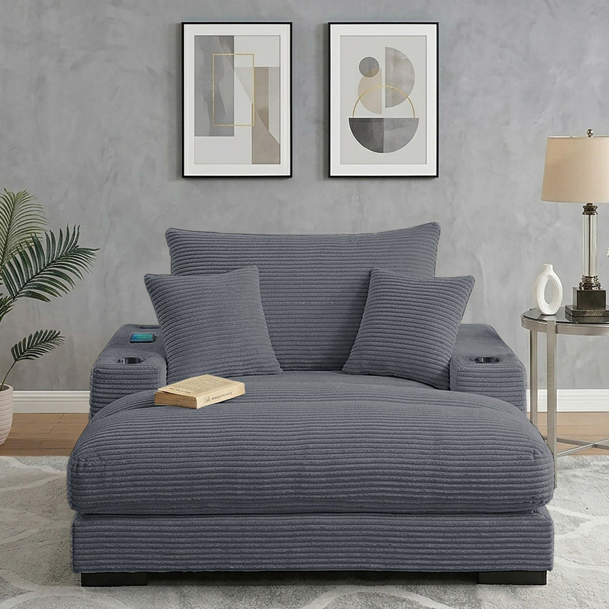 Upholstered Chaise Lounge With Cup Holders USB Port And Pillows