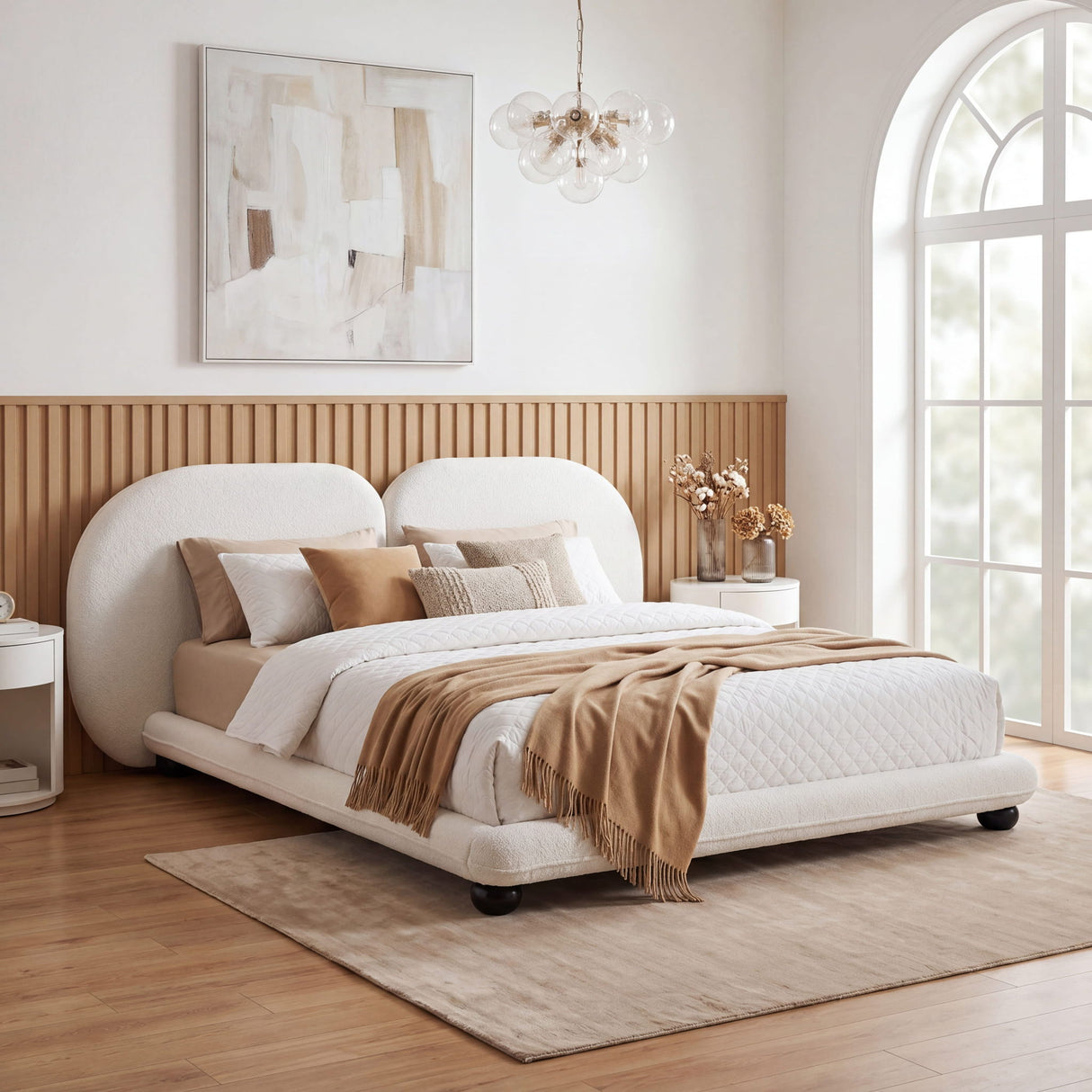 King Size Upholstered Platform Bed With Split Headboard - White