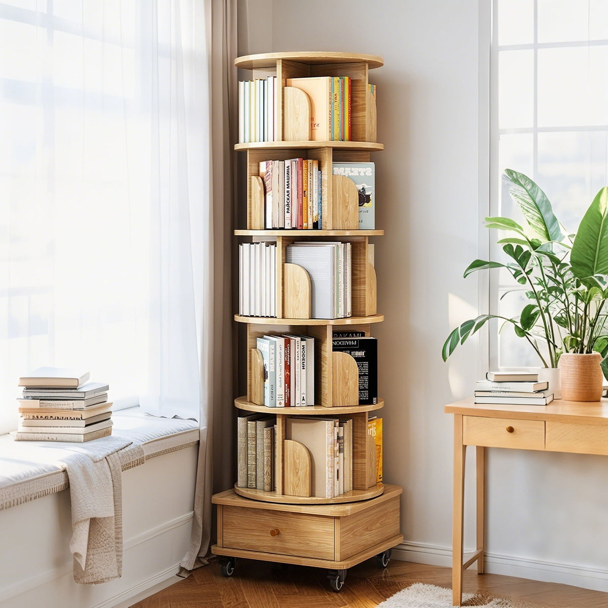 6 Tier Rotating Bookshelf With Wheels And Drawer, 360° Spinning Design, Space Saving Storage, For Home - Wood