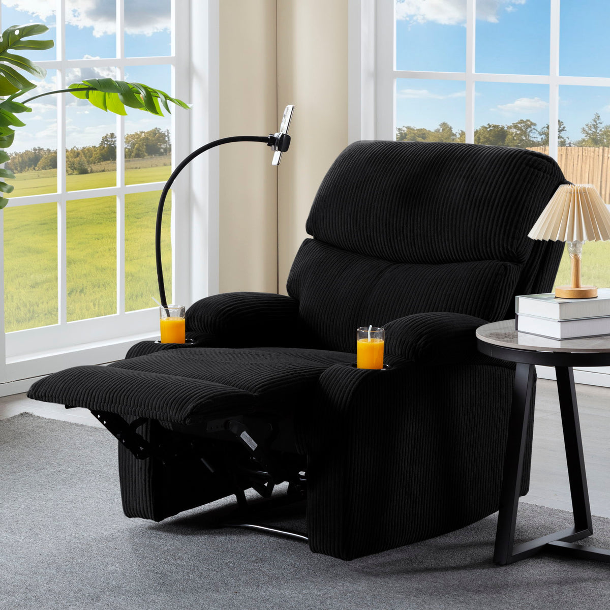 Adjustable Manual Recliner, Ergonomic Lounge Chair With Phone Holder And 2 Cup Holders