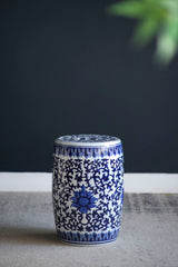 Ceramic Garden Stool, Small Side Tabel - White / Blue
