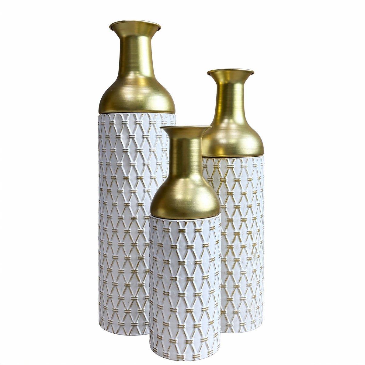 Diamond Embossed Floor Tall Vases Home Decor (Set of 3) - White / Gold