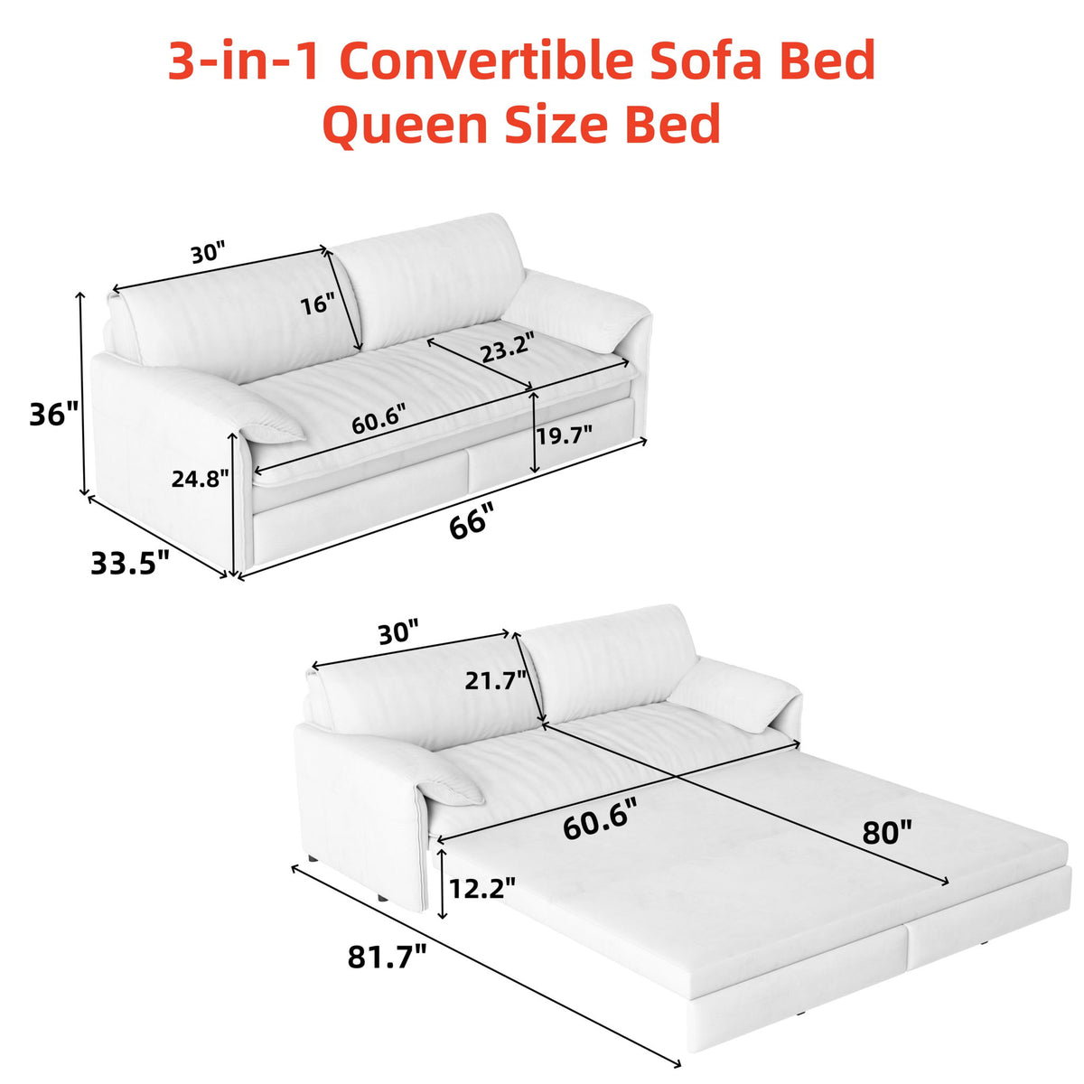 Queen Pull Out 3 In 1 Convertible Sleeper Sofa With Side Storage