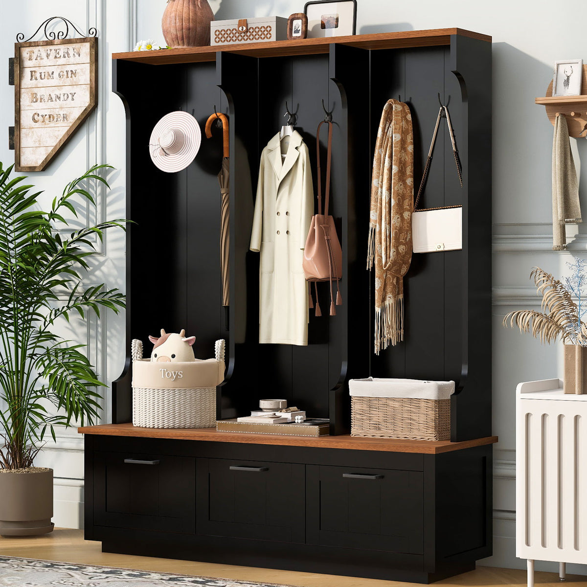 Hall Tree With Bench And Shoe Storage, 3 Large Drawers, Open Storage Shelves & Hooks
