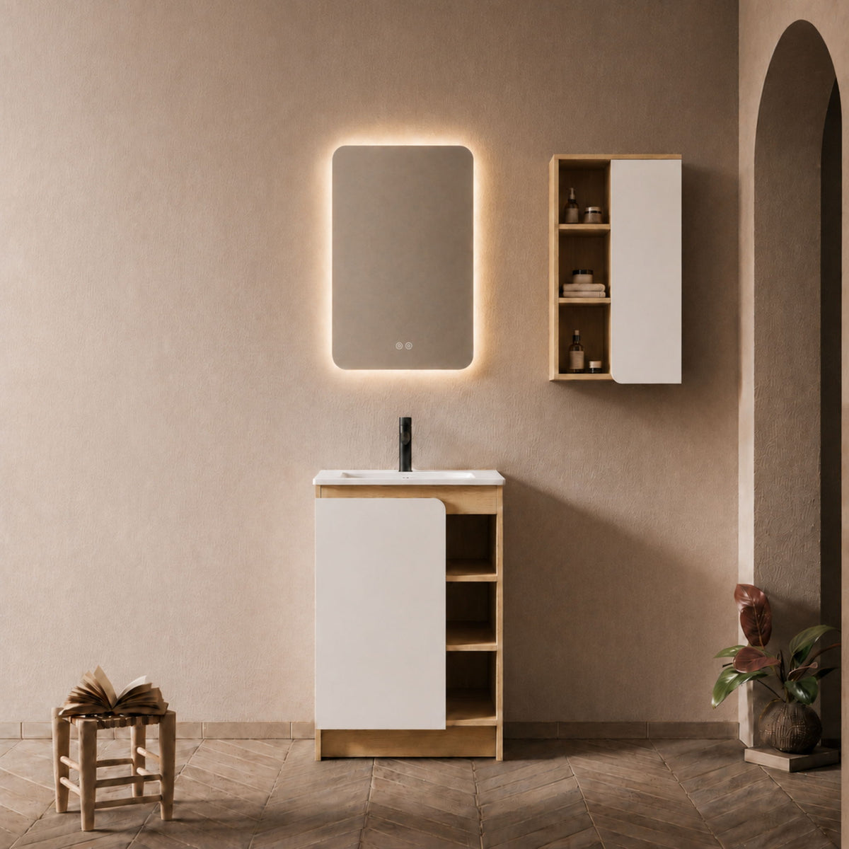 24" Bathroom Vanity With Sink & Wall Mounted Side Cabinet, Vanity Set With Thin Edge Sink, Interchangeable & Door Panels, Open & Hidden Storage - Black / Light Oak / White