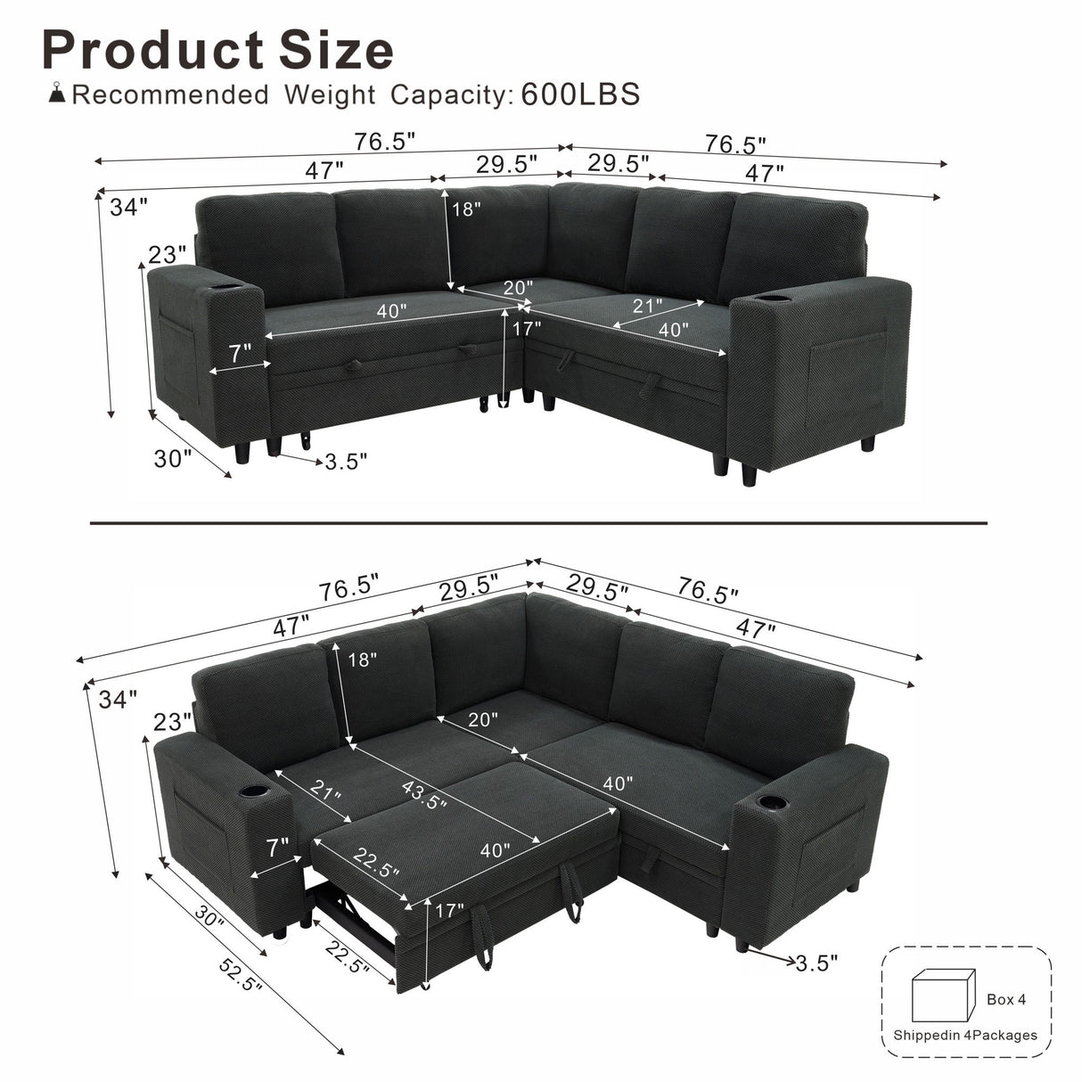 Upholstered L - Shape Sectional Sofa Bed With Pull Out Sleeper And Storage