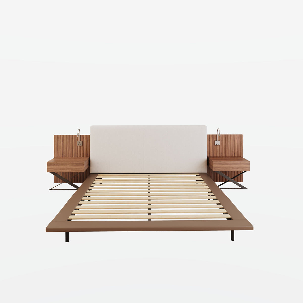 Floating King Size Bed With Integrated Side Tables And Smart Lighting - Beige Gray / White