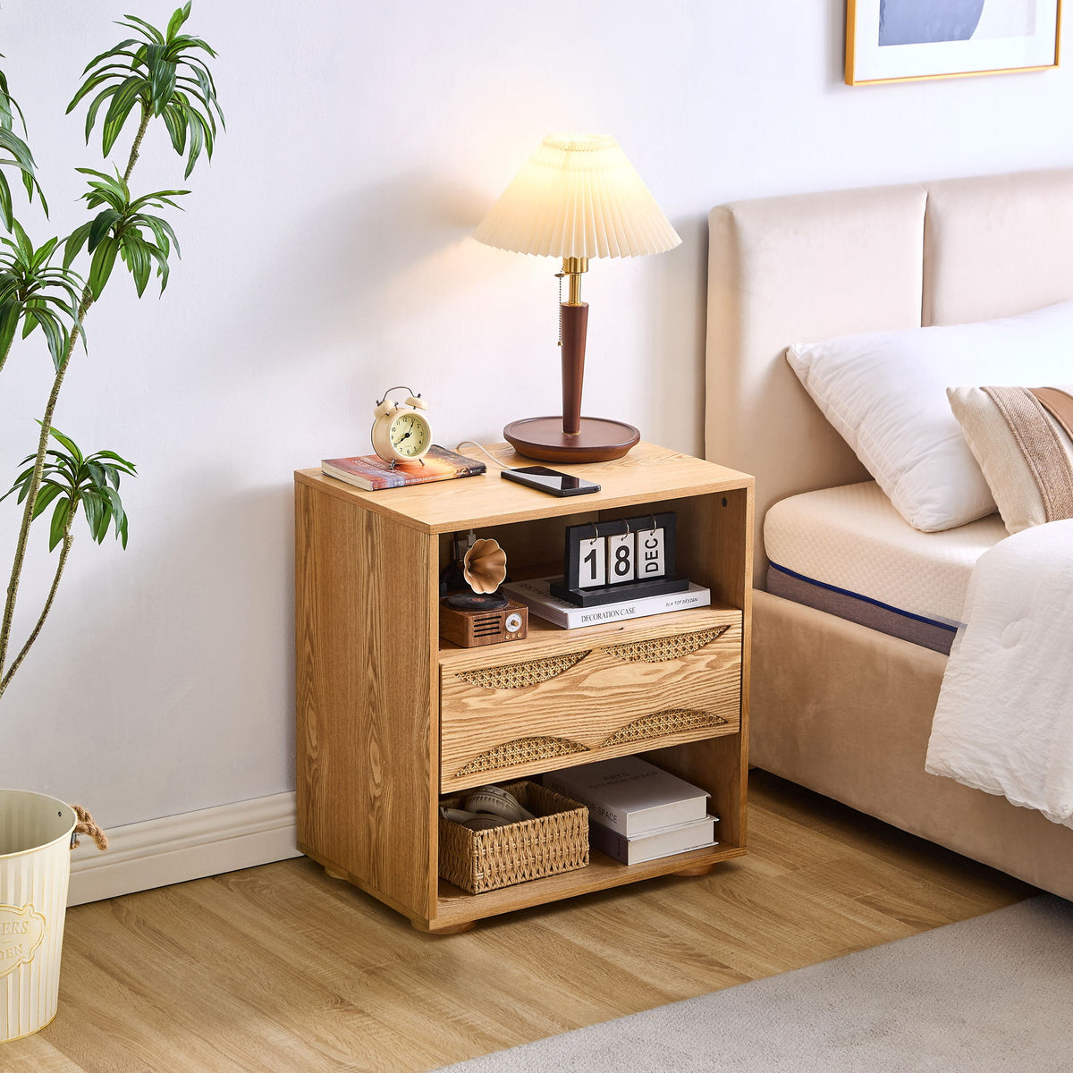 Nightstand With USB Ports & Outlet Hole, End Table With Drawer