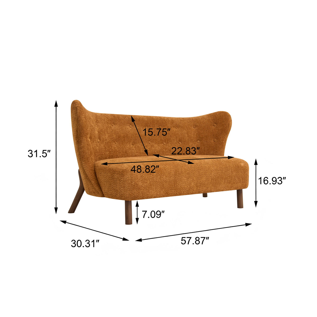 Chair Laid Back Loveseats, Curved Backrest With No Armrests - Caramel