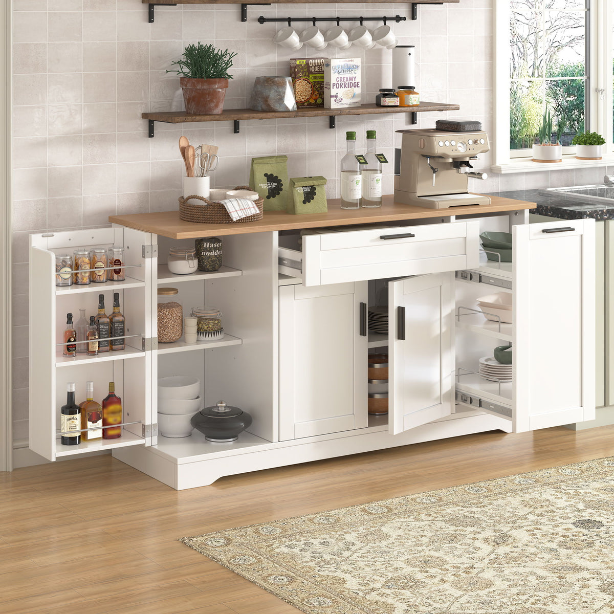 Sideboard With Extendable Table, Adjustable Shelves, 3 Tier Pull Out Rack - White
