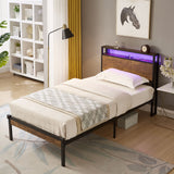 Twin Size Platform Bed Frame, LED Lights With Remote Control, USB Charging Port, Large Under Bed Storage - Black / Brown