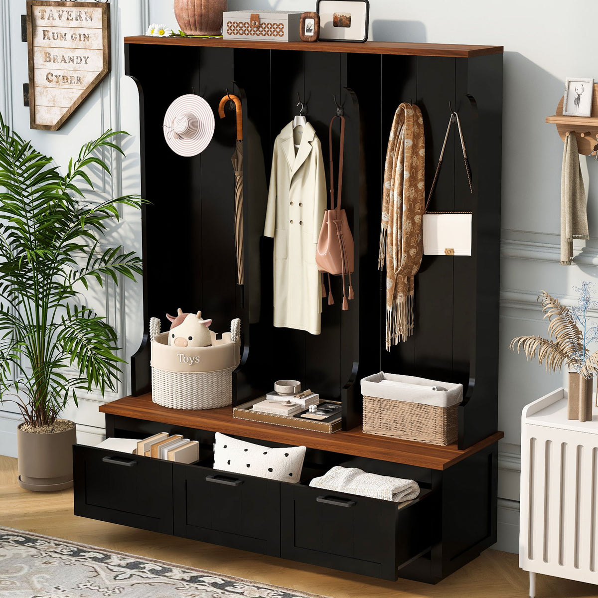 Hall Tree With Bench And Shoe Storage, 3 Large Drawers, Open Storage Shelves & Hooks