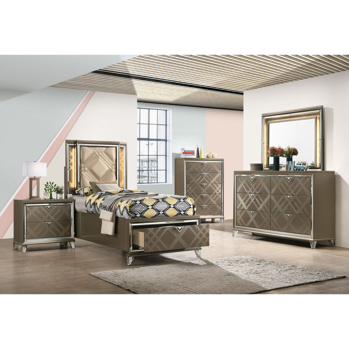 Skylar - Full Bed With LED & Storage - Dark Champagne