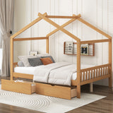 House Style Platform Bed With Headboard, Footboard, 2 Drawers, And Roof Design