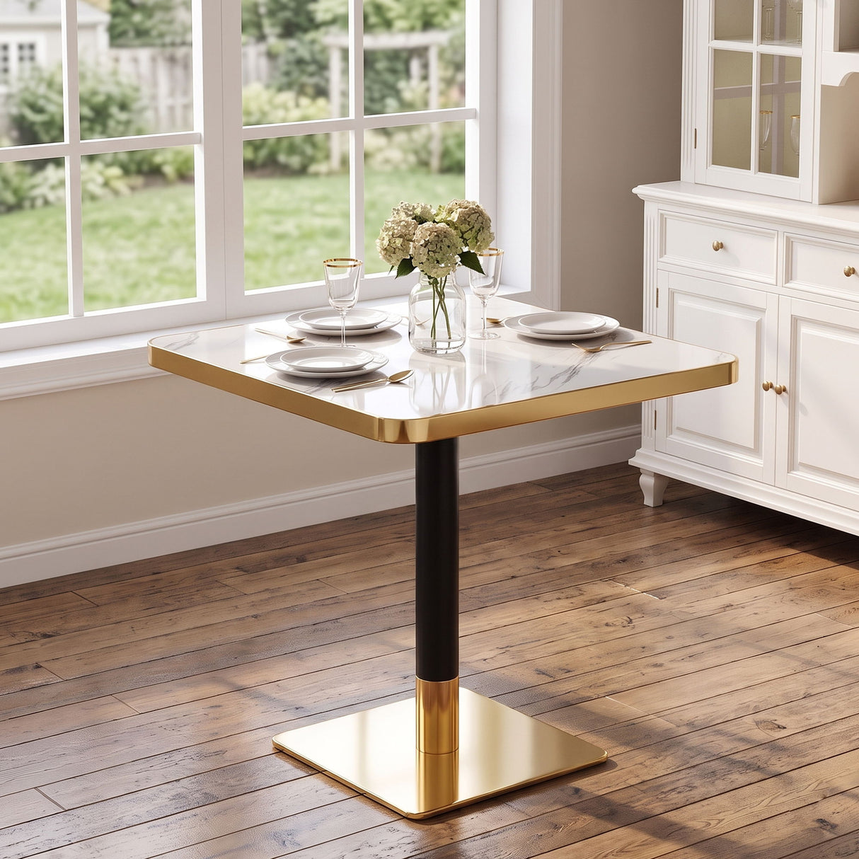 Square Dining Table & Pedestal For Kitchen - Black / Gold / White