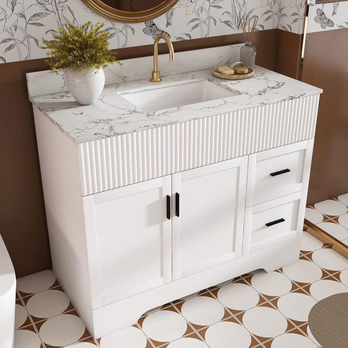 Bathroom Vanity Set, Fluted Cabinet, Soft Close Doors & Drawers, Sink Included - White