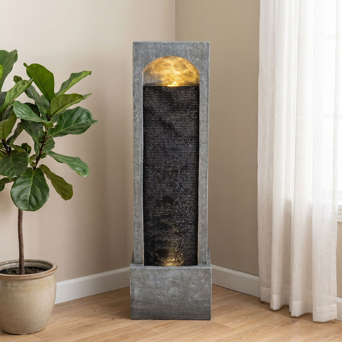 Tall Outdoor Water Fountain, Vertical Cascading Waterfall With Pump, Floor Fountain For Garden - Black / Gray