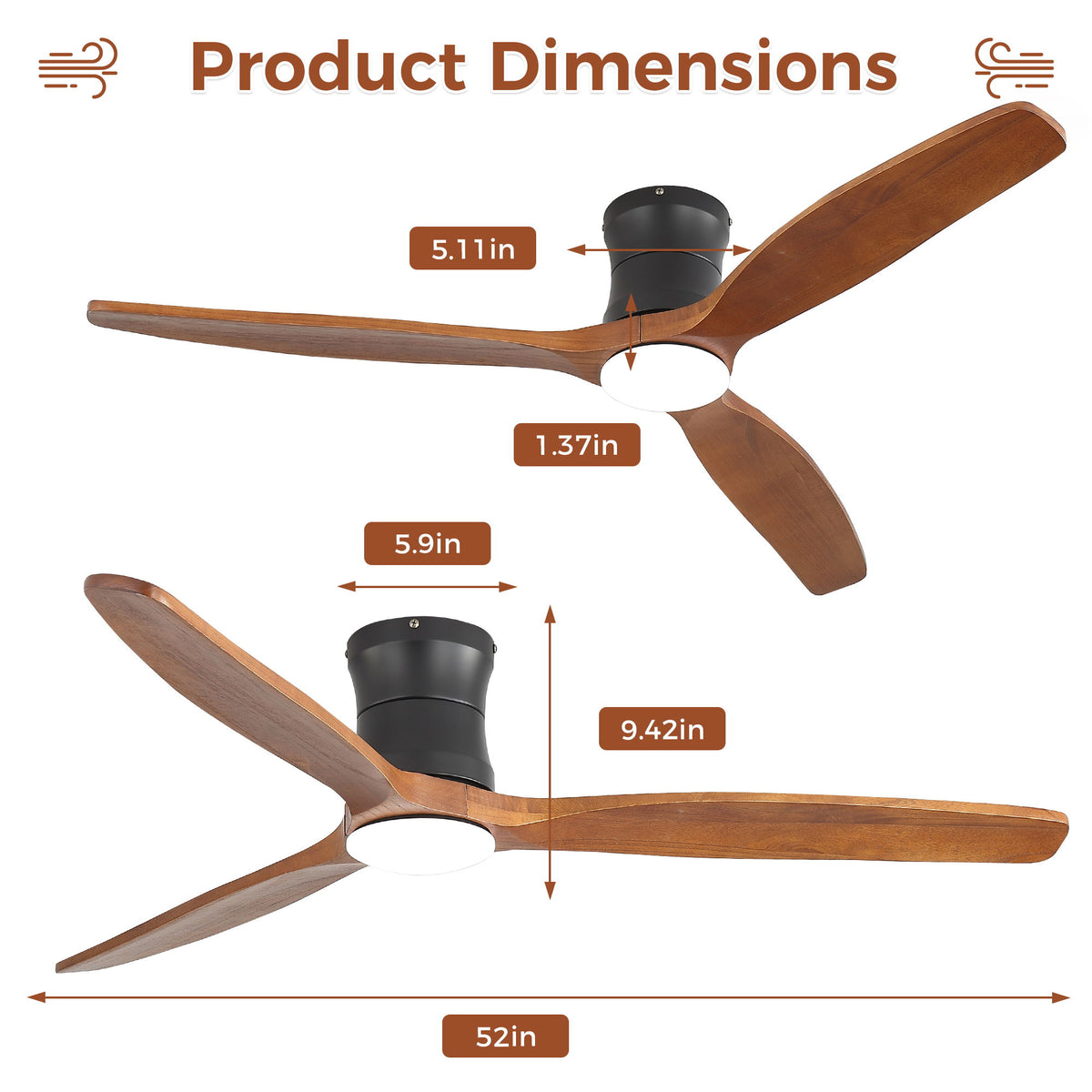 52" Ceiling Fan With Light, Dimmable DC Reversible Motor, 3 Blades