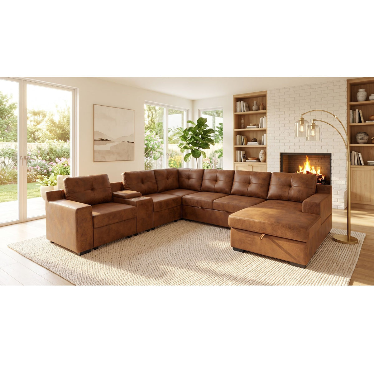 U - Shape Sectional Pull Out Bed With Console, Storage, And USB Charging